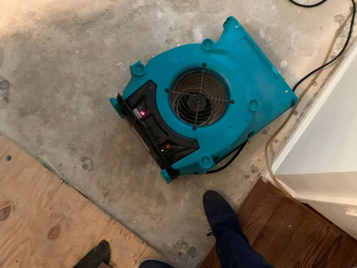 Air mover drying subfloor during Commercial Water Damage Restoration in Elmhurst
